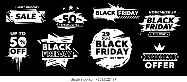 colección de Vector de la etiqueta con el texto blanco del tipo negrita Venta negra del viernes en fondo oscuro. Diseño creativo de la promoción del negocio de la venta del estilo plano del sistema del logotipo negro del viernes con 50% de descuento para el día del descuento