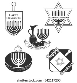 Vector collection of labels and elements for Hanukkah, badge and icon typography. Hand drawn lettering of happy Hanukkah logo template. Happy Hanukkah card template. Happy Hanukkah banner, flyer.