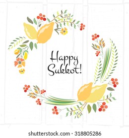 Vector collection of labels and elements. Icon/badge "Happy Sukkot". Floral template for postcard or invitation card with  lemons and traditional four species