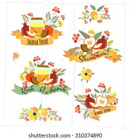 Vector collection of labels and elements for Jewish New Year. Icons and badges with signatures "Rosh Hashanah" and "Shana Tova". Flower template for postcard or invitation card