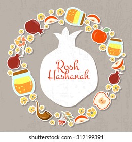 Vector collection of labels and elements  (Jewish New Year). Icon or badge with objects and signature 'Rosh Hashanah'. Template for postcard or invitation card with flowers