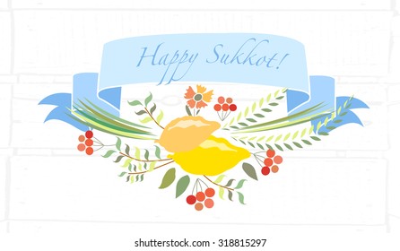 Vector collection of labels and elements  (Jewish Traditional Holiday). Icon/badge "Happy Sukkot". Floral template for postcard or invitation card with  lemons and traditional four species