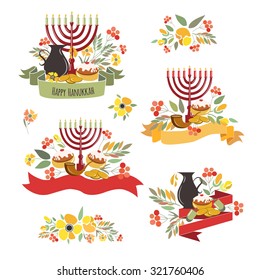 Vector collection of labels and elements for jewish holiday. Signature "Happy Hanukkah" with flowers, coins, candles, donuts, ribbons and herbs. Flower template for postcard, invitation card or design