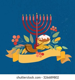 Vector collection of labels and elements for jewish holiday. Signature "Happy Hanukkah" with flowers, coins, candles, donuts, ribbons and herbs. Flower template for postcard, invitation card or design