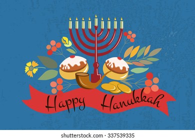 Vector collection of labels and elements for jewish holiday. Happy Hanukkah poster with flowers, coins, candles, donuts, ribbons and herbs. Template for postcard, invitation card or your design