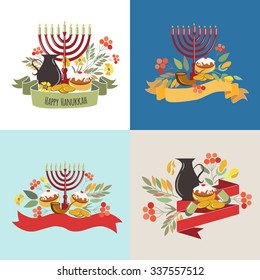 Vector collection of labels and elements for jewish holiday. Signature "Happy Hanukkah" with flowers, coins, candles, donuts, ribbons and herbs. Flower template for postcard, invitation card or design