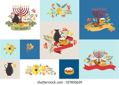 Vector collection of labels and elements for jewish holiday. Signature "Happy Hanukkah" with flowers, coins, candles, donuts, ribbons and herbs. Flower template for postcard, invitation card or design