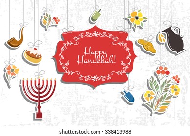 Vector collection of labels and elements for jewish holiday. Signature "Happy Hanukkah" with flowers, coins, candles, donuts, herbs. Flower template for postcard, invitation card or your design