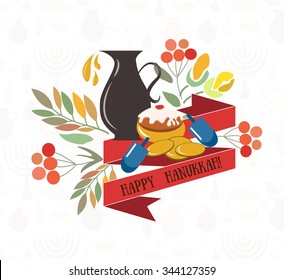 Vector collection of labels and elements for jewish holiday. Signature "Happy Hanukkah" with flowers, coins, candles, donuts, ribbons and herbs. Flower template for postcard, invitation card or design