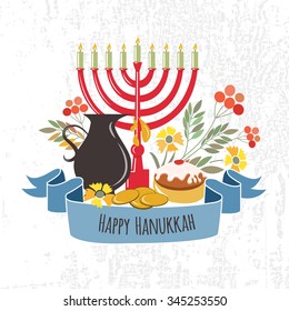 Vector collection of labels and elements for jewish holiday. Signature "Happy Hanukkah" with flowers, coins, candles, donuts, ribbons and herbs. Flower template for postcard, invitation card or design