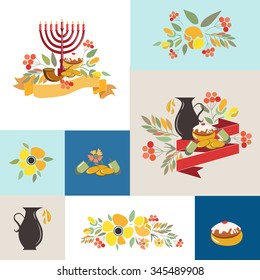 Vector collection of labels and elements for jewish holiday. Signature "Happy Hanukkah" with flowers, coins, candles, donuts, ribbons and herbs. Flower template for postcard, invitation card or design