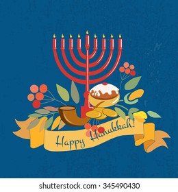 Vector collection of labels and elements for Jewish Holiday. Happy Hanukkah poster with flowers, coins, candles, donuts, ribbons and herbs. Flower template for postcard, invitation card or your design