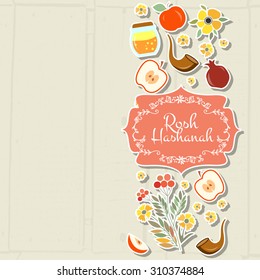 Vector collection of labels and elements for Rosh Hashanah (Jewish New Year). Icon or badge with signature. Template for postcard or invitation card with flowers