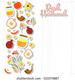 Vector collection of labels and elements for Rosh Hashanah. Icon or badge with signature "Rosh Hashanah". Template for postcard or invitation card with flowers