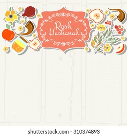 Vector collection of labels and elements for Rosh Hashanah (Jewish New Year). Icon or badge with signature "Rosh Hashanah" (New Year). Template for postcard or invitation card with flowers