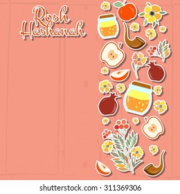 Vector collection of labels and elements for Rosh Hashanah (Jewish New Year). Icon or badge with signature "Rosh Hashanah" (New Year). Template for postcard or invitation card with flowers