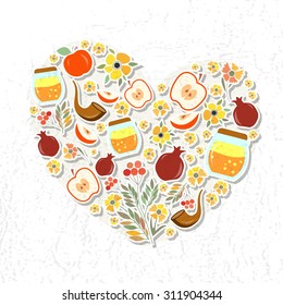 Vector collection of labels and elements for Rosh Hashanah (Jewish New Year). Icon or badge in form of heart. Template for postcard or invitation card with flowers