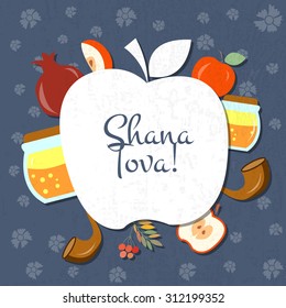 Vector collection of labels and elements for Rosh Hashanah. Icon/badge with objects and signature 'Shana Tova' (Happy New Year). Template for postcard or invitation card with flowers