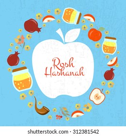 Vector collection of labels and elements for Rosh Hashanah (Jewish New Year). Icon or badge with objects and signature . Template for postcard or invitation card with flowers