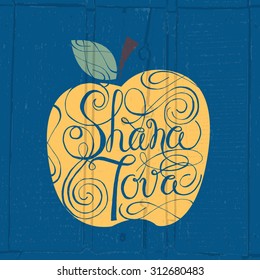 Vector collection of labels and elements for Rosh Hashanah (Jewish New Year). Icon/badge with apple and signature 'Shana Tova'. Template for postcard or invitation card