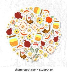 Vector collection of labels and elements for Rosh Hashanah. Icon or badge for  "Rosh Hashanah" (New Year). Template for postcard or invitation card with flowers