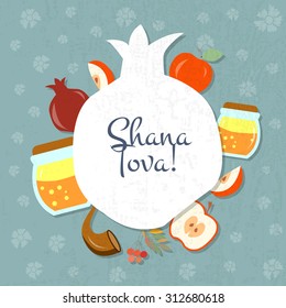 Vector collection of labels and elements for Rosh Hashanah. Icon/badge with objects and signature 'Shana Tova'. Template for postcard or invitation card with flowers