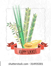 Vector collection of labels and elements for Sukkot (Jewish Traditional Holiday). Icons and badges with signature "Happy Sukkot". Template for card with lemons and traditional herbs