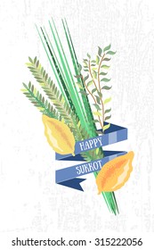Vector collection of labels and elements for Sukkot (Jewish Traditional Holiday). Icons and badges with signature "Happy Sukkot" . Template for card with lemons and traditional herbs