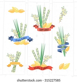 Vector collection of labels and elements for Sukkot. Icons and badges with signature. Template for card with lemons and traditional herbs