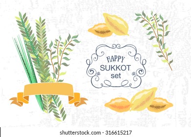 Vector collection of labels and elements for Sukkot (Jewish Traditional Holiday). Icon/badge with signature "Happy Sukkot". Template for postcard or invitation card with lemons and traditional herbs