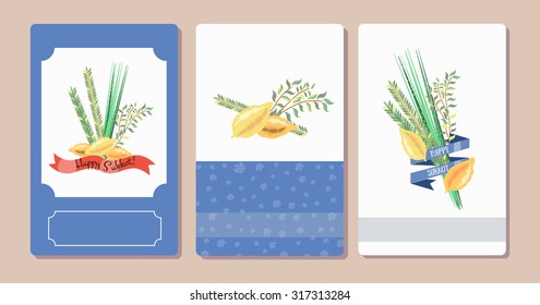 Vector collection of labels and elements for Sukkot (Jewish Traditional Holiday). Icons and badges with signature "Happy Sukkot". Card set template with lemons and traditional herbs