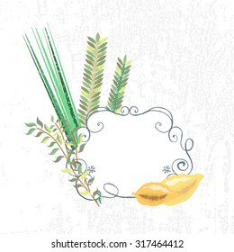 Vector collection of labels and elements for Sukkot (Jewish Traditional Holiday). Icons and badges with signature "Happy Sukkot" . Template for card with lemons and traditional herbs