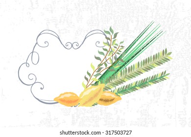 Vector collection of labels and elements for Sukkot. Icons and badges with signature "Happy Sukkot". Template for card with lemons and traditional herbs