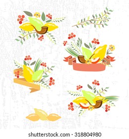 Vector collection of labels and elements for Sukkot (Jewish Traditional Holiday). Icon/badge "Happy Sukkot". Floral template for postcard or invitation card with  lemons and traditional four species