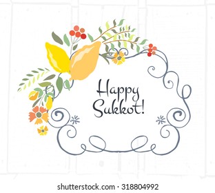 Vector collection of labels and elements for Sukkot (Jewish Traditional Holiday). Icon/badge "Happy Sukkot". Floral template for postcard or invitation card with  lemons and traditional four species