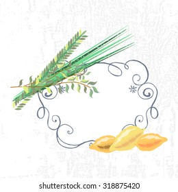 Vector collection of labels and elements for Sukkot (Jewish Traditional Holiday). Icons and badges devoted to Sukkot. Template for card with lemons and traditional herbs