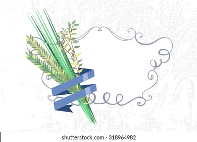 Vector collection of labels and elements for Sukkot (Jewish Traditional Holiday).  Template for card with lemons and traditional four species