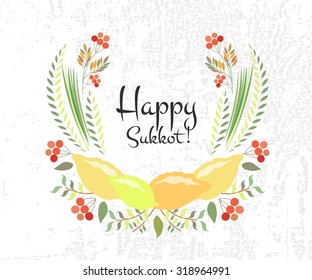 Vector collection of labels and elements for Sukkot (Jewish Traditional Holiday). Icon/badge "Happy Sukkot". Floral template for postcard or invitation card with  lemons and traditional four species