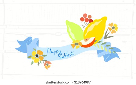 Vector collection of labels and elements for Sukkot (Jewish Traditional Holiday). Icon/badge "Happy Sukkot". Floral template for postcard or invitation card with  lemons and traditional four species