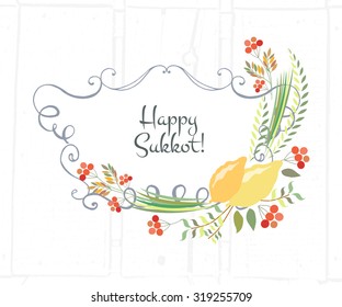 Vector collection of labels and elements for Sukkot (Jewish Traditional Holiday). Icon/badge "Happy Sukkot". Floral template for postcard or invitation card with  lemons and traditional four species