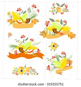 Vector collection of labels and elements for Sukkot (Jewish Traditional Holiday). Template for card with lemons and traditional four species