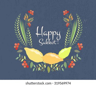 Vector collection of labels and elements for Sukkot (Jewish Traditional Holiday). Icon/badge "Happy Sukkot". Floral template for postcard or invitation card with  lemons and traditional four species