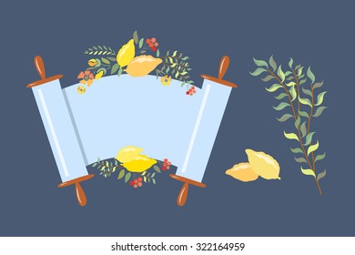 Vector collection of labels and elements for Sukkot (Jewish Traditional Holiday). Floral template for postcard or invitation card with lemons and traditional four species