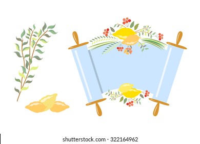 Vector collection of labels and elements for Sukkot (Jewish Traditional Holiday). Icon/badge "Happy Sukkot". Floral template for postcard or invitation card with lemons and traditional four species