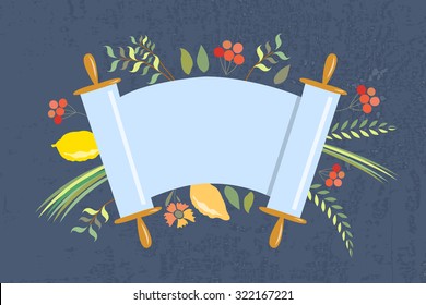 Vektorgrafik von Etiketten und Elementen für Sukkot (Jüdischer Traditioneller Urlaub). Symbol/Abzeichen "Happy Sukkot". Blumenvorlage für Postkarten oder Einladungskarten mit Zitronen und traditionellen vier Arten