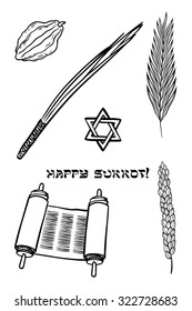 Vector collection of labels and elements for Sukkot (Jewish Traditional Holiday). Icon/badge with signature "Happy Sukkot". Template for postcard or invitation card with lemons and traditional herbs