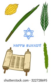 Vector collection of labels and elements for Sukkot (Jewish Traditional Holiday). Icon/badge with signature "Happy Sukkot". Template for postcard or invitation card with lemons and traditional herbs