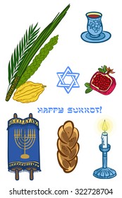 Vector collection of labels and elements for Sukkot (Jewish Traditional Holiday). Icon/badge with signature "Happy Sukkot". Template for postcard or invitation card with lemons and traditional herbs