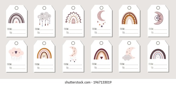 Vector collection of labels with moon, cloud, rainbows in pastel colors. Perfect for Valentine's Day, Anniversary, Save the Date, Baby Shower, Birthday Party, Invitations, Gift Wrapping.