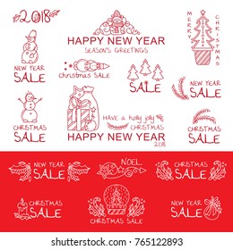 Vector collection of labels, signs, tags for sales or retail decoration. Caption for Christmas sale, happy New Year sale, season greetings. Lovely winter arts, snowmen, fir tree, snowball, candle